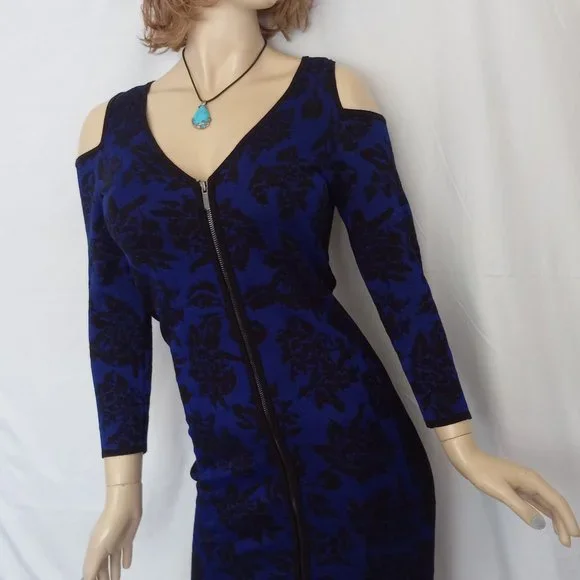 Eye-Catching CACHE Blue/Black Full Zip Bodycon Dress Cold Shoulder, Sz M - Picture 2 of 3